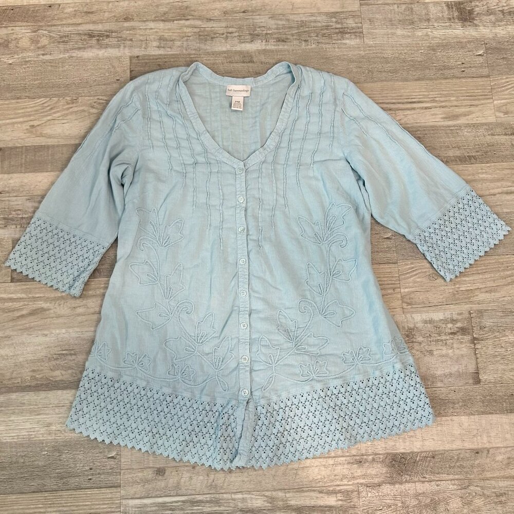 Soft Surroundings Baby Blue Embroidered Eyelet 3/4 Sleeve Button Front Tunic L26